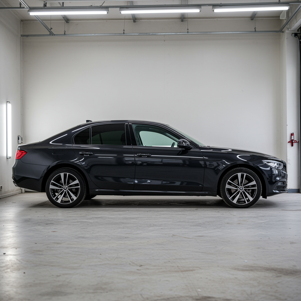 Beautifully repaired car in a clean auto body shop after frame straightening service, with perfectly aligned panels and a flawless finish